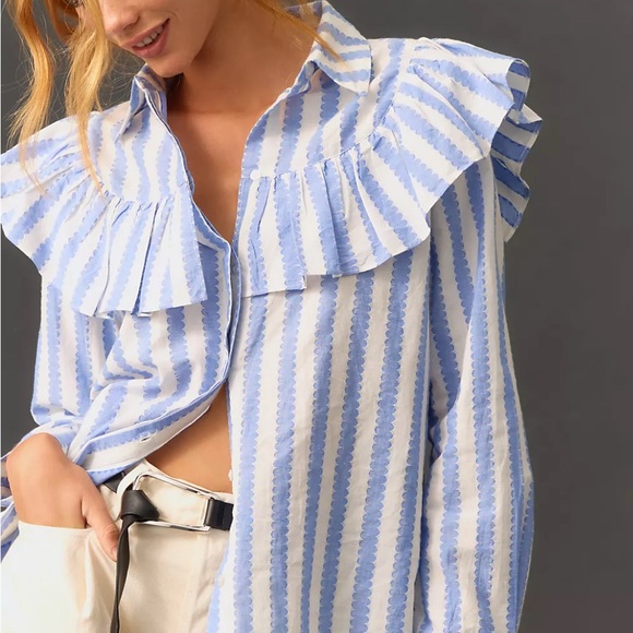 Clare V Charlotte Ruffled Striped Blue/White Blouse Size XS - Picture 3 of 10